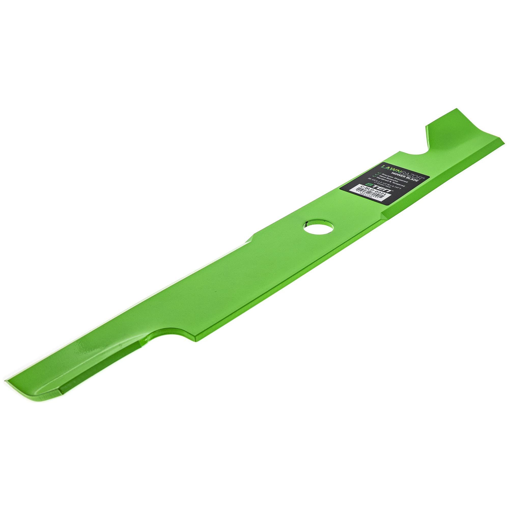 8TEN LawnRAZOR blade beside ruler showing 20.5-inch length for accurate deck compatibility