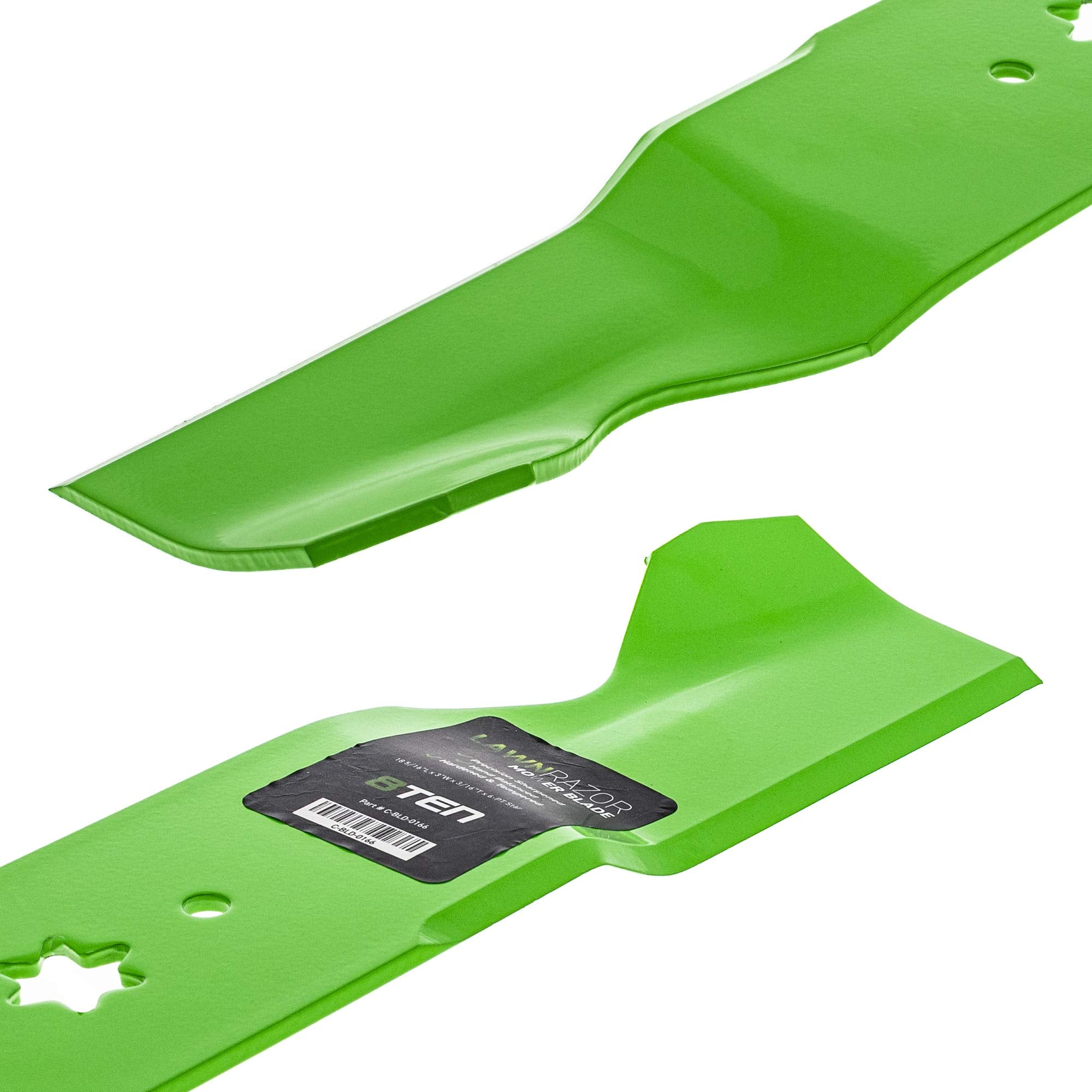 8TEN LawnRAZOR side profile highlighting high-lift curve for better grass lift