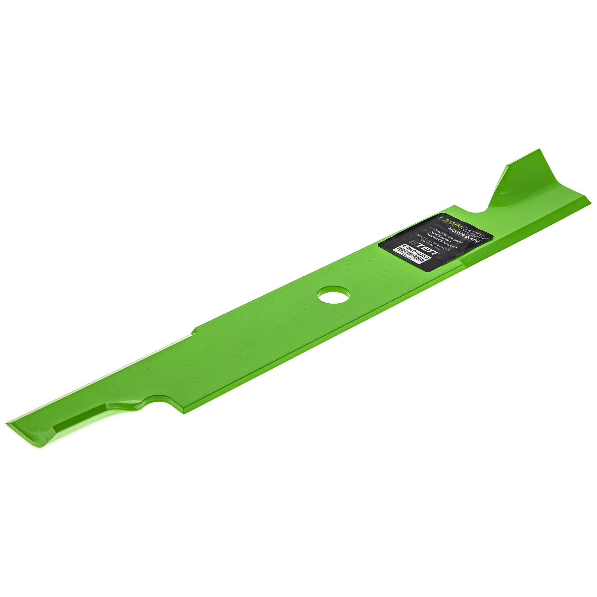 8TEN LawnRAZOR blades beside a ruler illustrating OEM-length accuracy