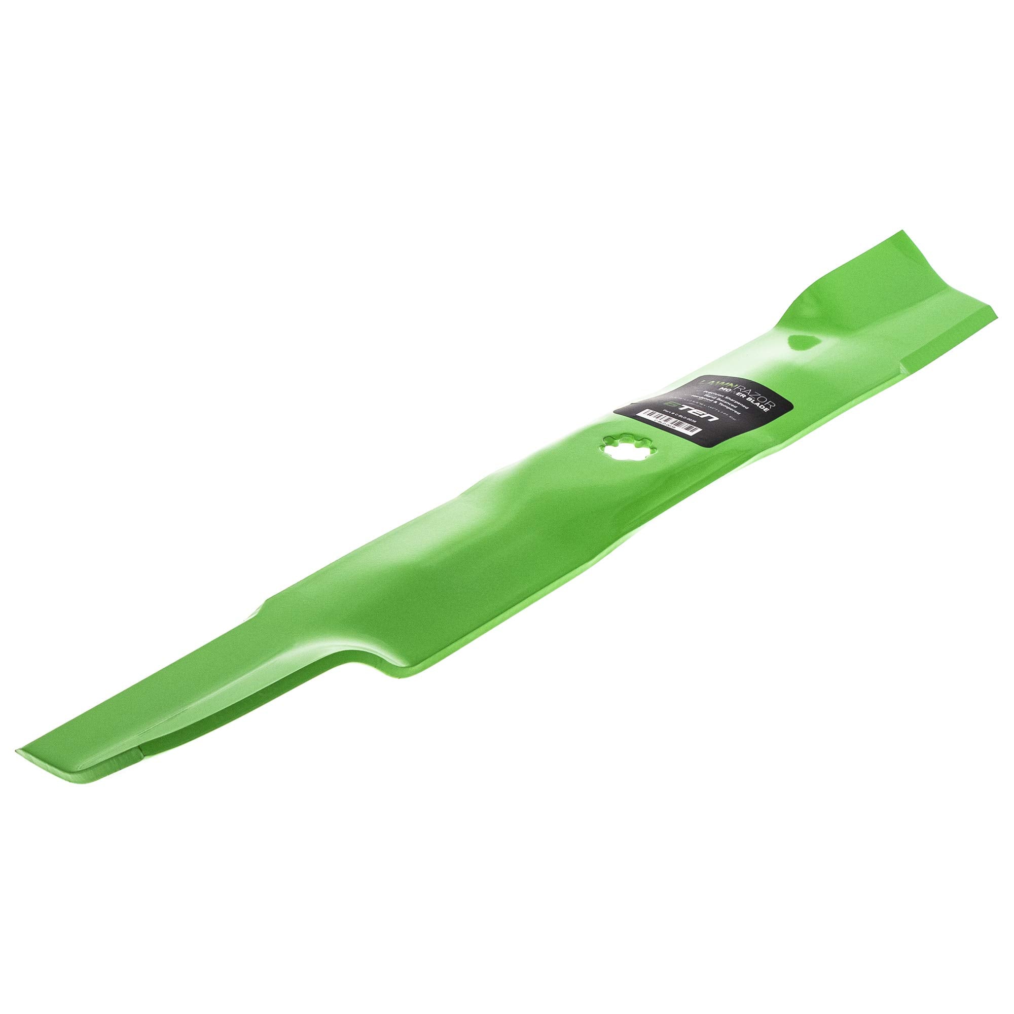8TEN LawnRAZOR blade next to tape measure showing exact specifications benefit
