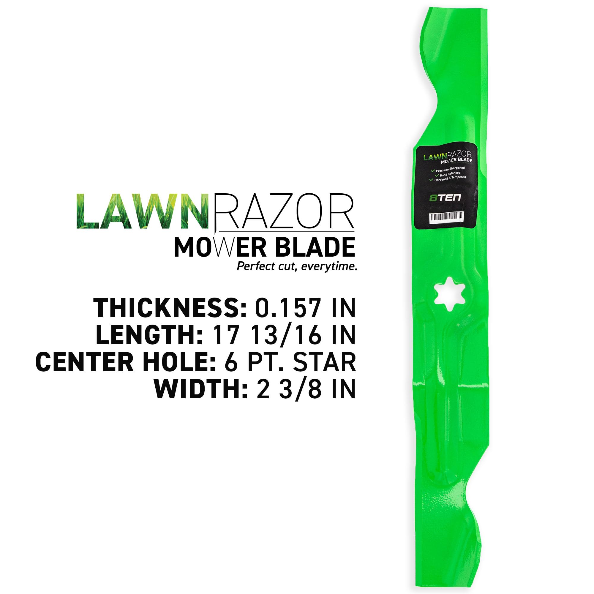 8TEN LawnRAZOR underside showing mounting hole pattern and balanced construction benefit