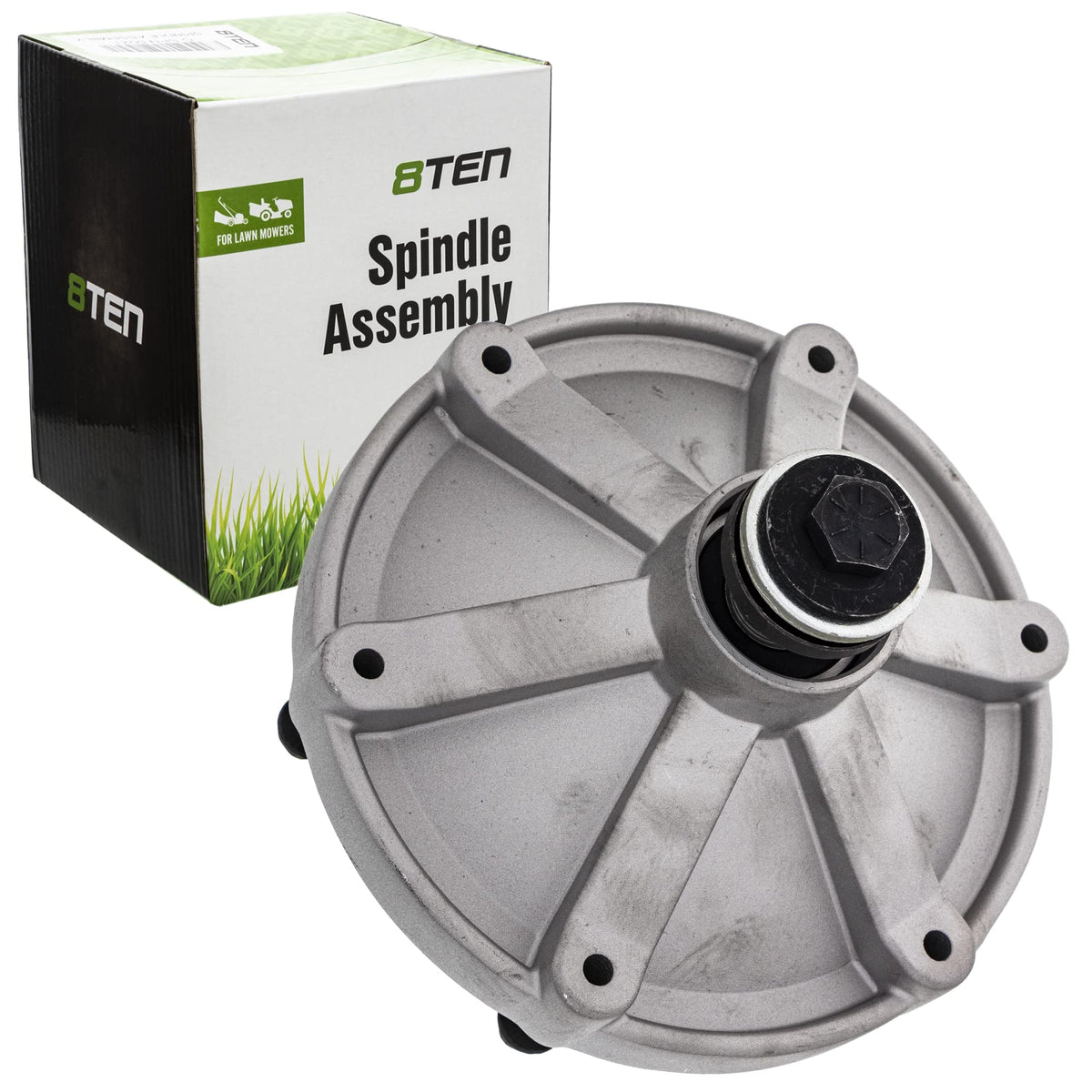 8TEN spindle front assembly showing mounting holes and included hardware for easy swap