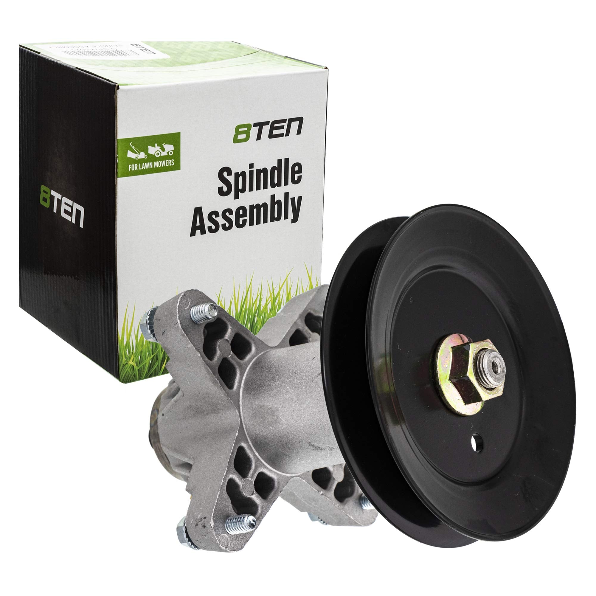 8TEN spindle front view showing mounting flange and durable finish for reliable replacement