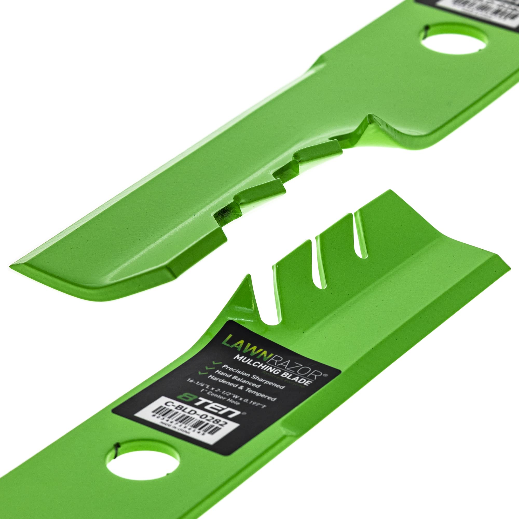 8TEN blade next to ruler showing 48-inch deck compatibility and scale
