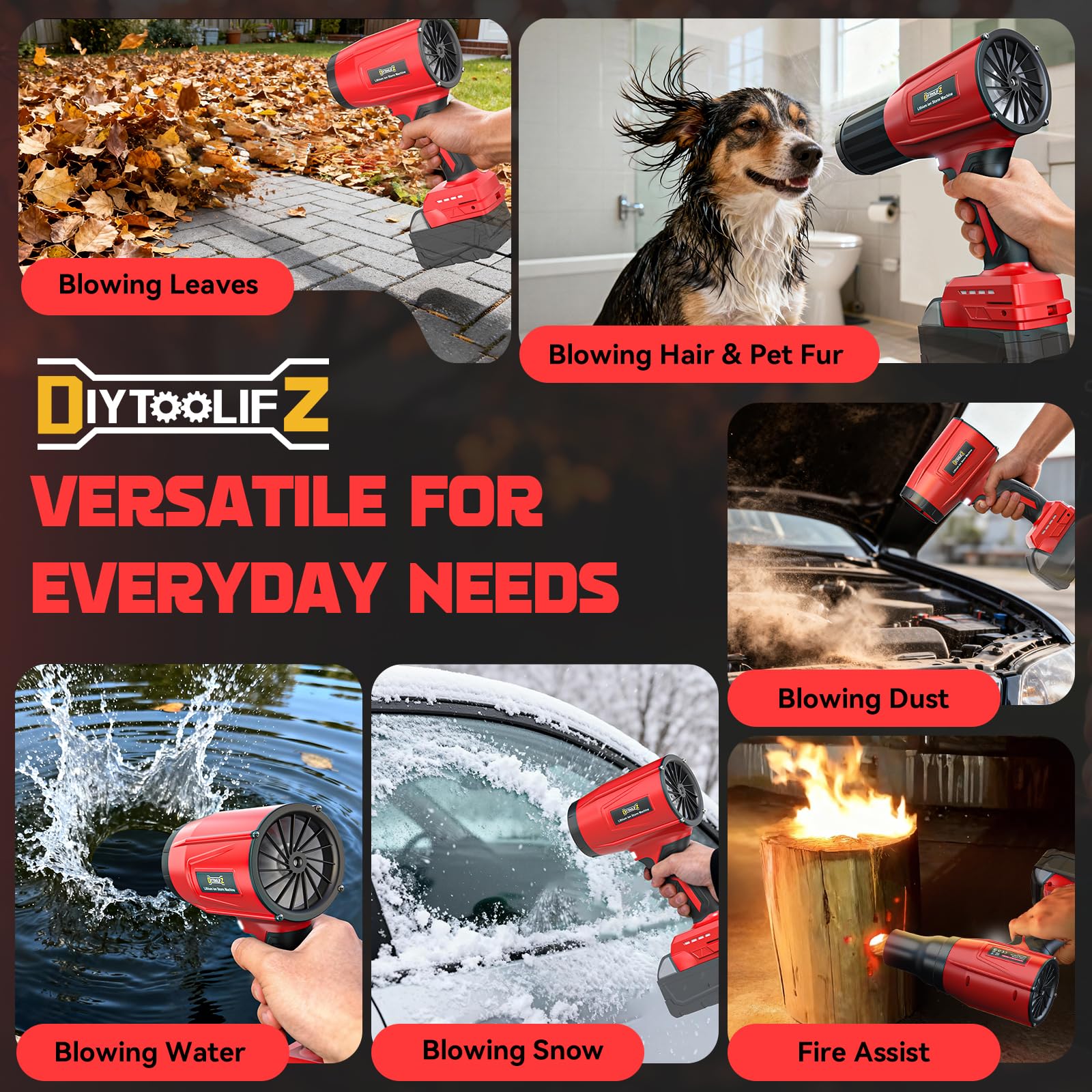 DIYtoolifz used in a garage clearing dust and pet hair to illustrate versatile tasks