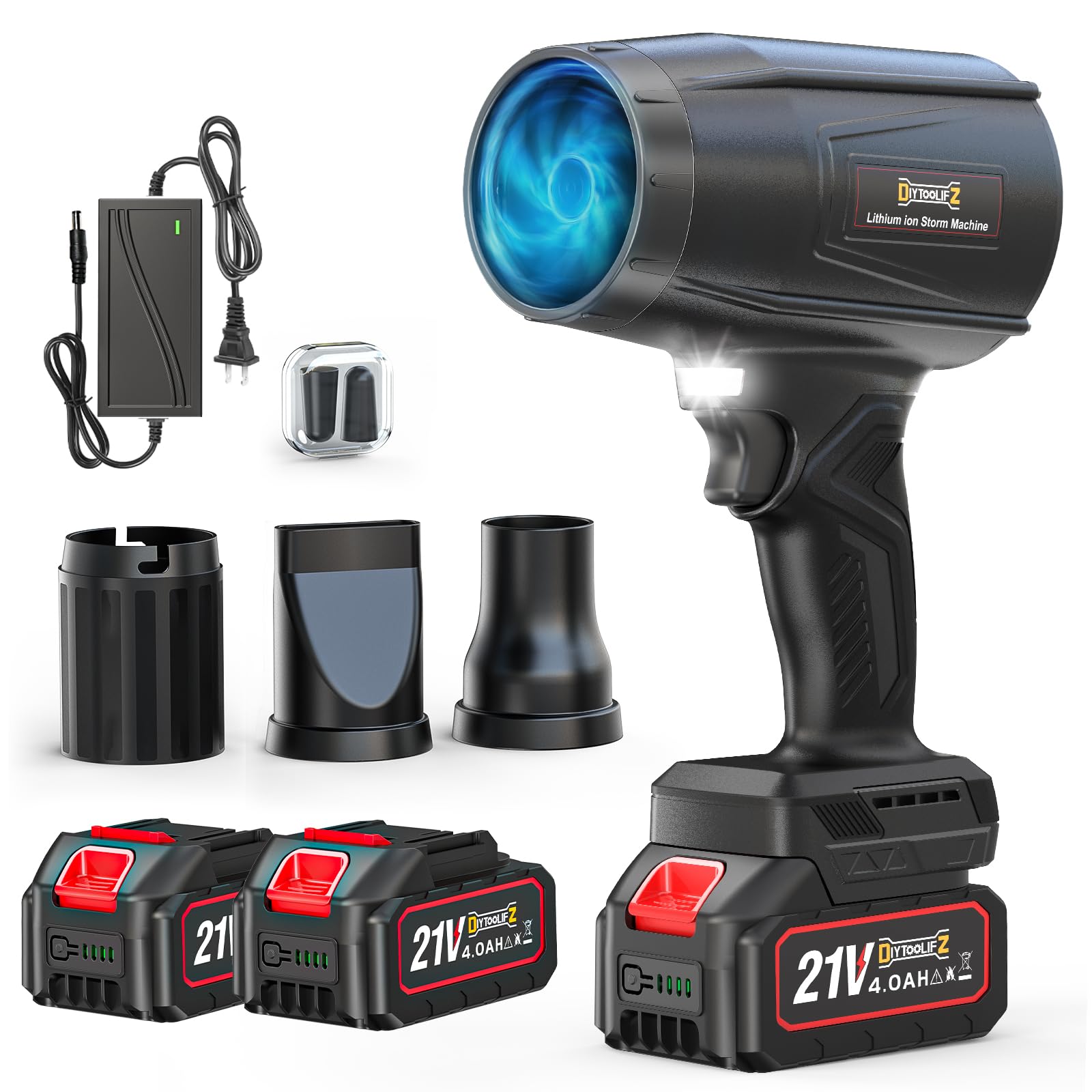 DIYtoolifz front view showing blower and three nozzles, clear organization benefit