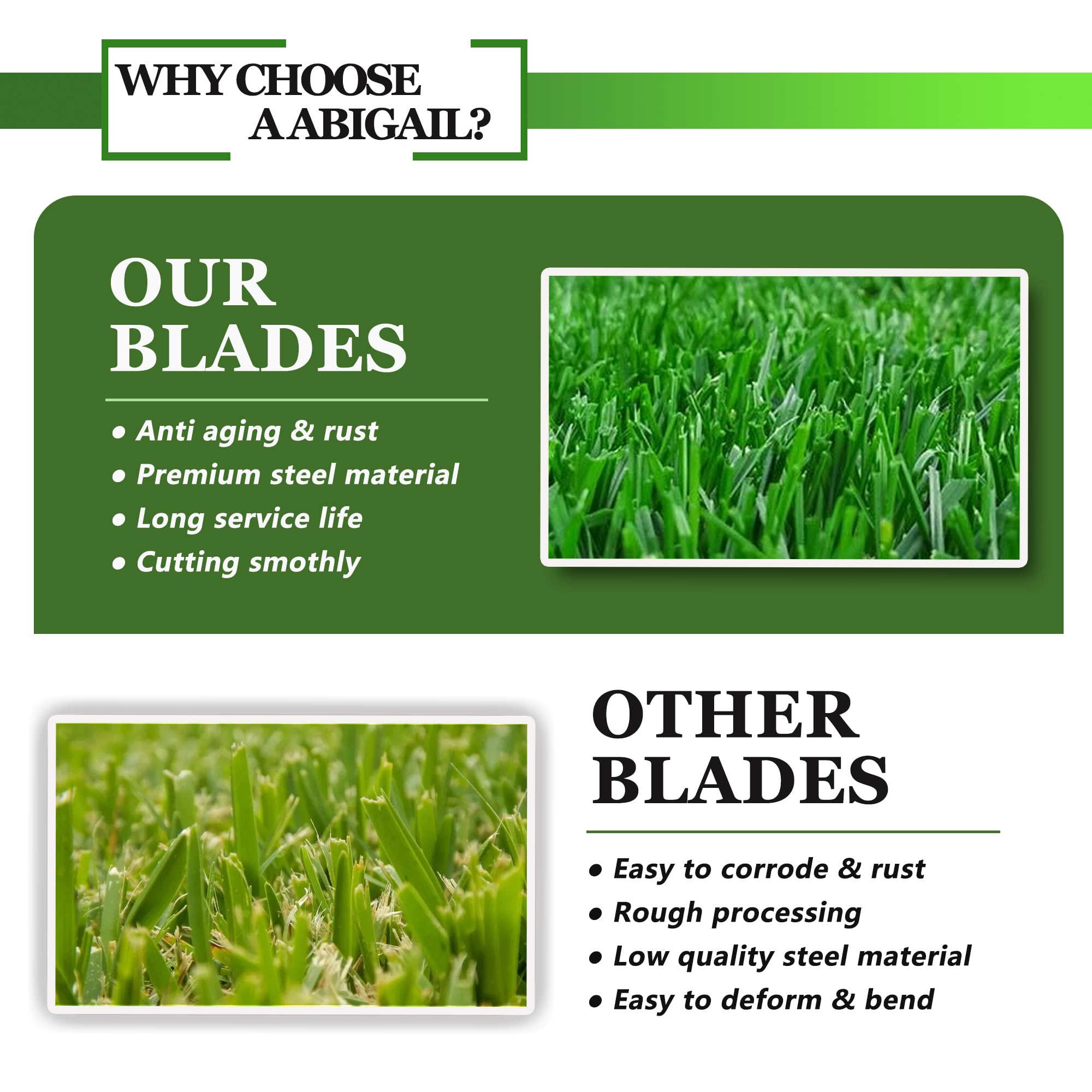 A ABIGAIL blade installed on a 50" deck for improved mowing performance benefit