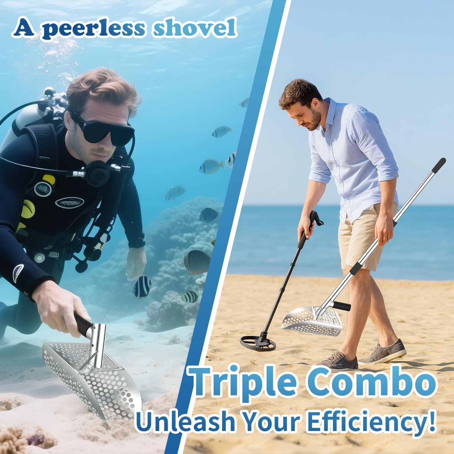 A peerless shovel scoop in action removing sand and exposing a coin for quick recovery