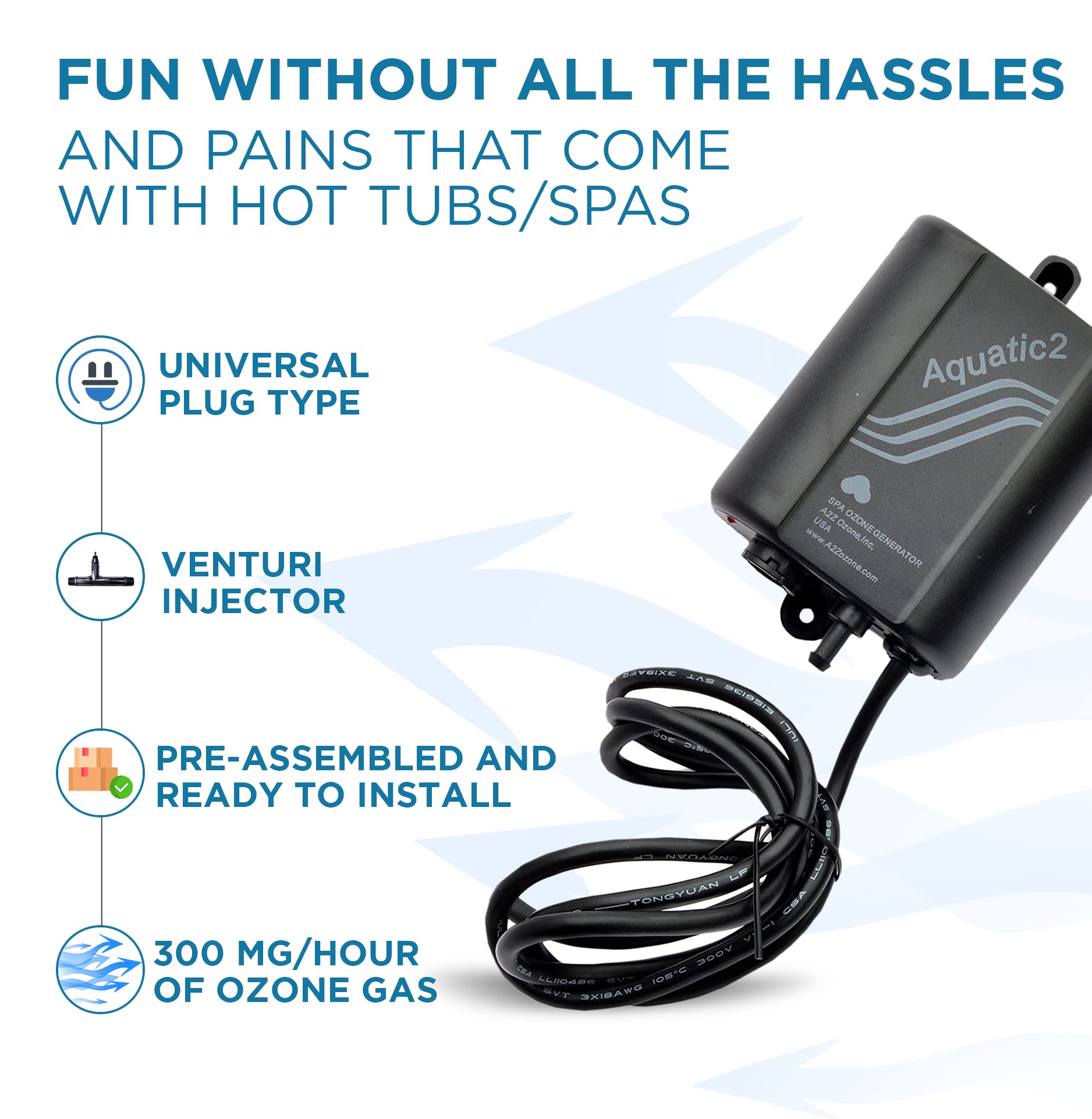 A2Z Ozone Aquatic 2 included tubing, check valve, screws, and mounting hardware for quick setup