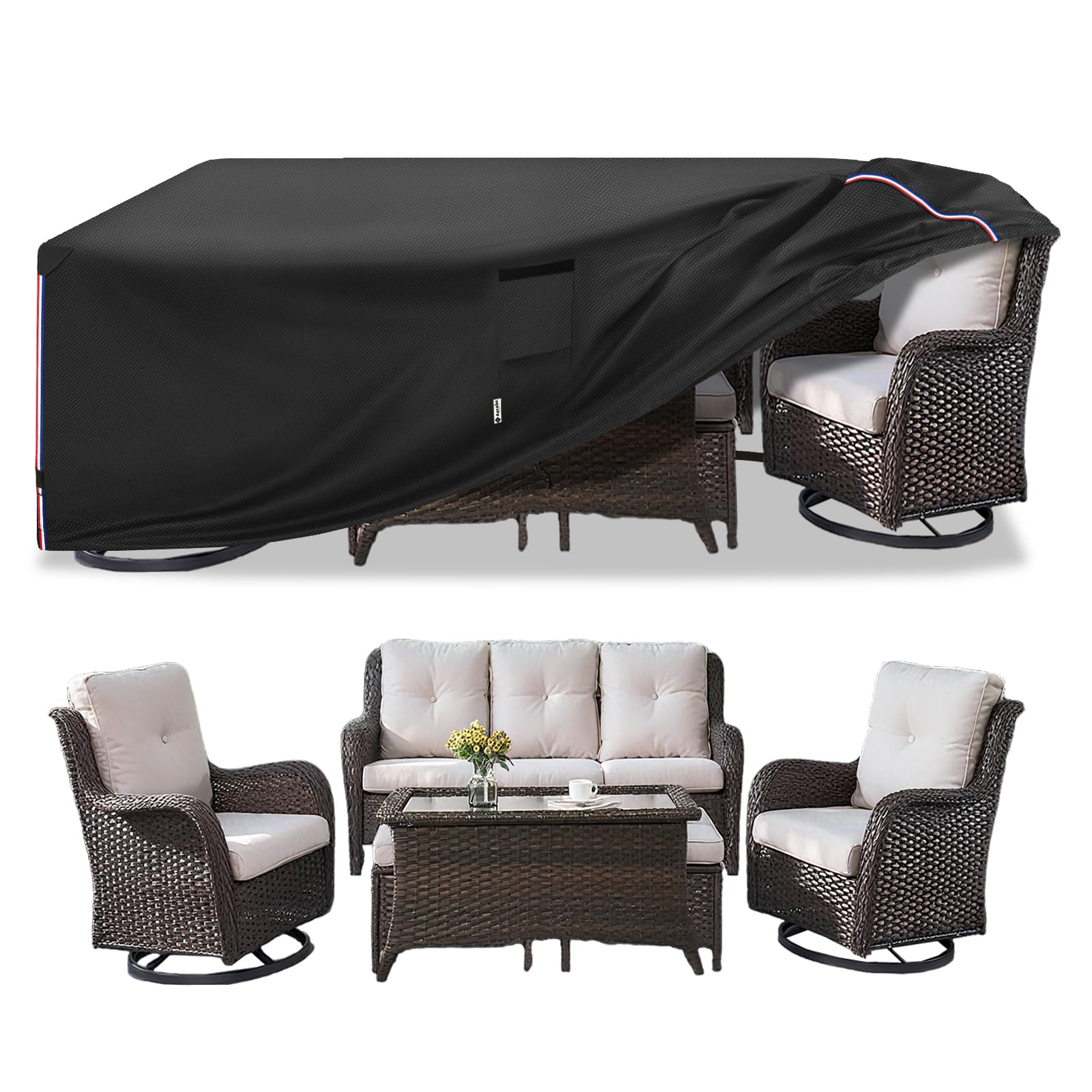Aacabo front view of full five-piece set covered protects furniture from weather
