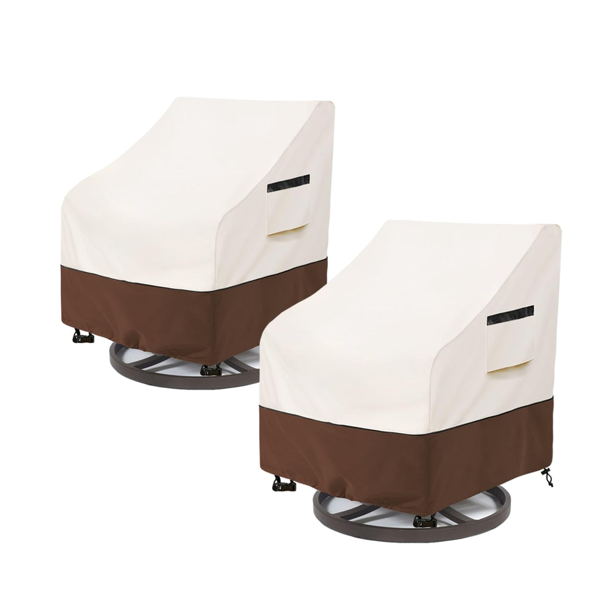 Aacabo front view showing cover protecting a swivel lounge chair, keeps chairs clean