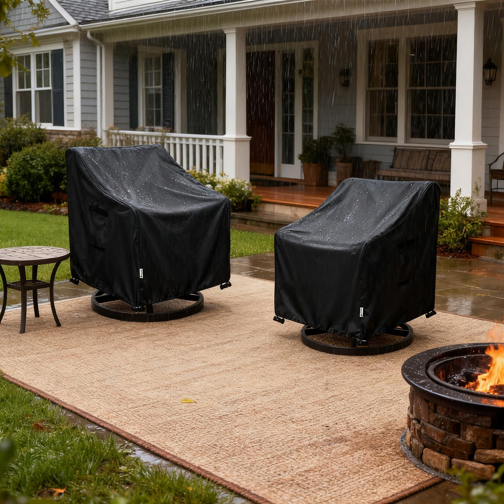 Aacabo covered chair in deck lifestyle setting, keeps furniture clean and ready to use