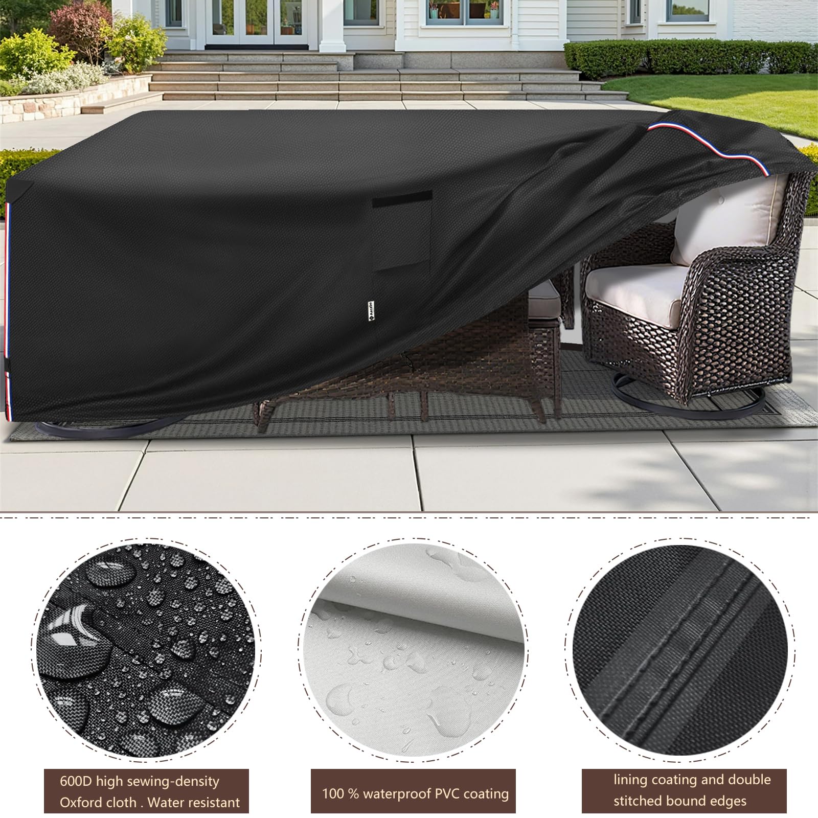 Aacabo covered patio set in backyard protects cushions and frames from rain