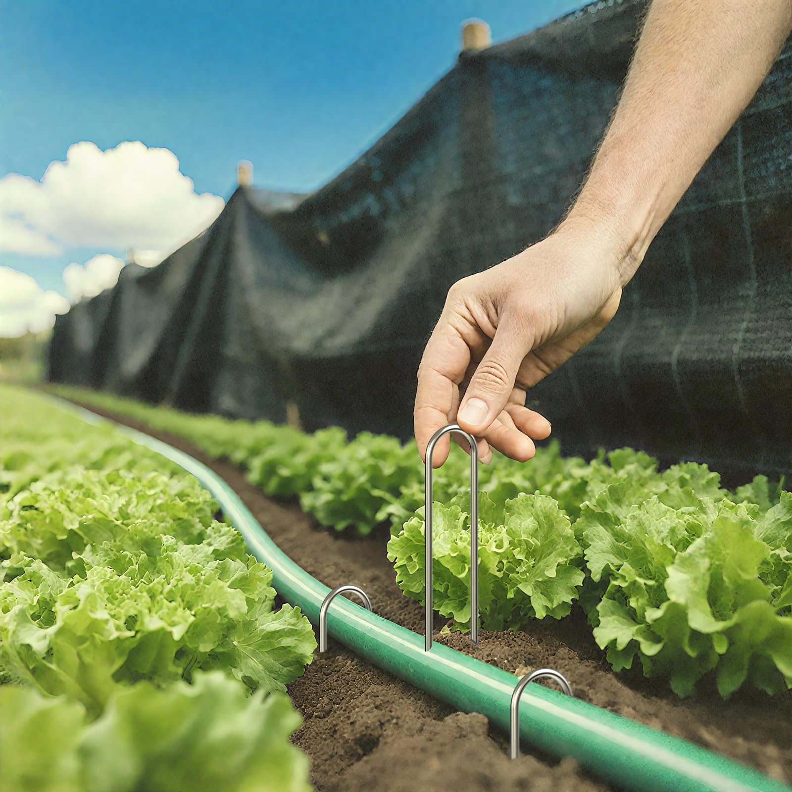 AAGUT U-stakes securing landscape fabric edges for weed suppression benefit