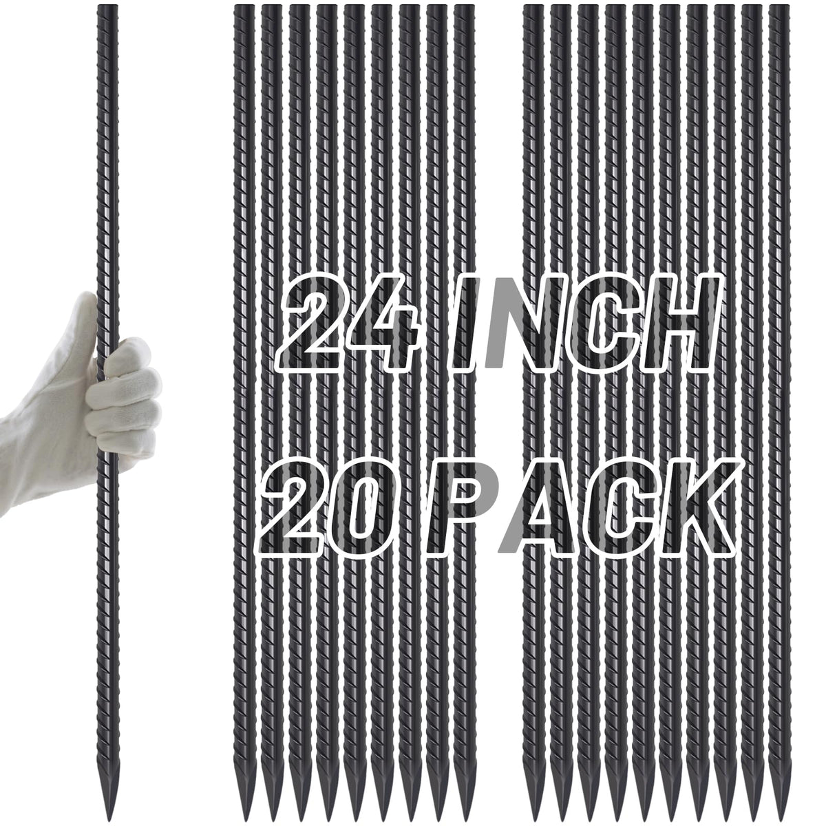 AAGUT front pack of 20 rebar stakes showing quantity and heavy-duty benefit