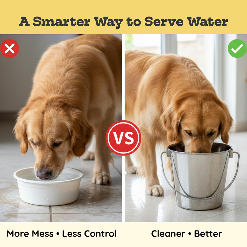 AASPIRE PETS bucket hung inside kennel demonstrating organized feeding solution