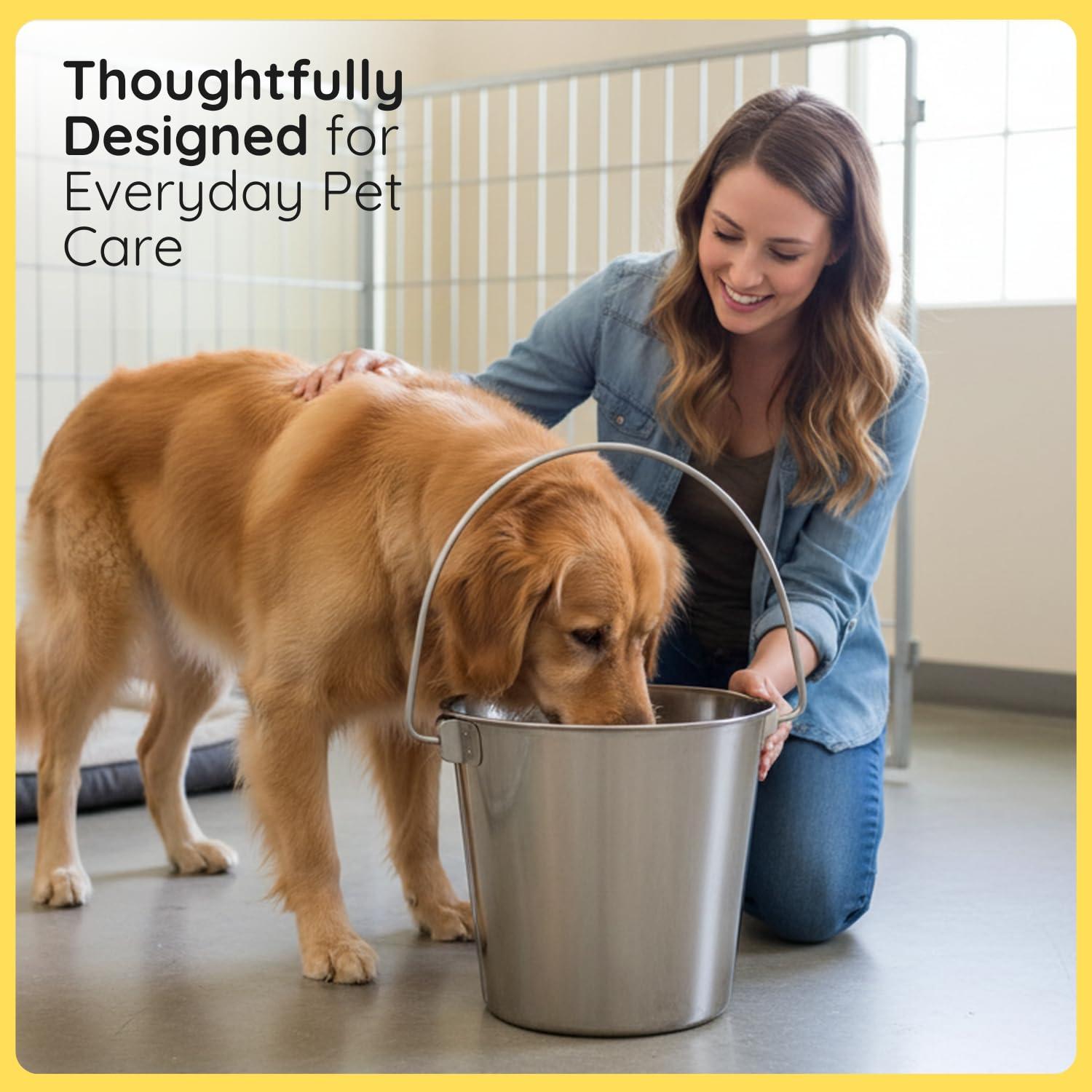 AASPIRE PETS bucket hanging on fence hook showing hands-free feeding convenience