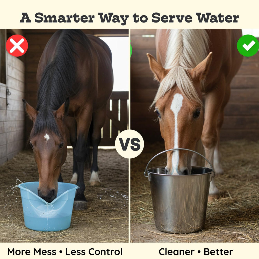 AASPIRE PETS bucket beside horse trough illustrating farm-ready durability and capacity