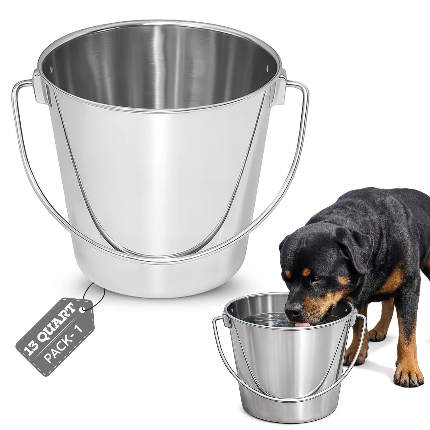 AASPIRE PETS front view of stainless steel bucket shows sturdy build and capacity