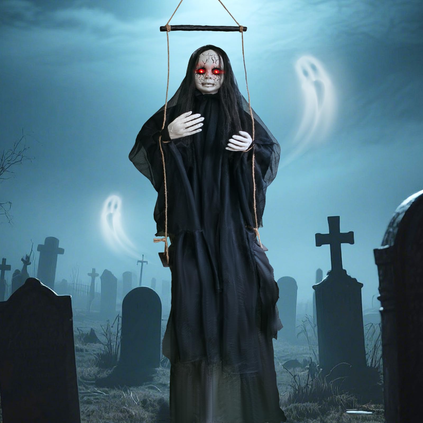 Abakuku front view of 4.9 ft ghost girl showing overall look and hang-ready design benefit: instant focal point