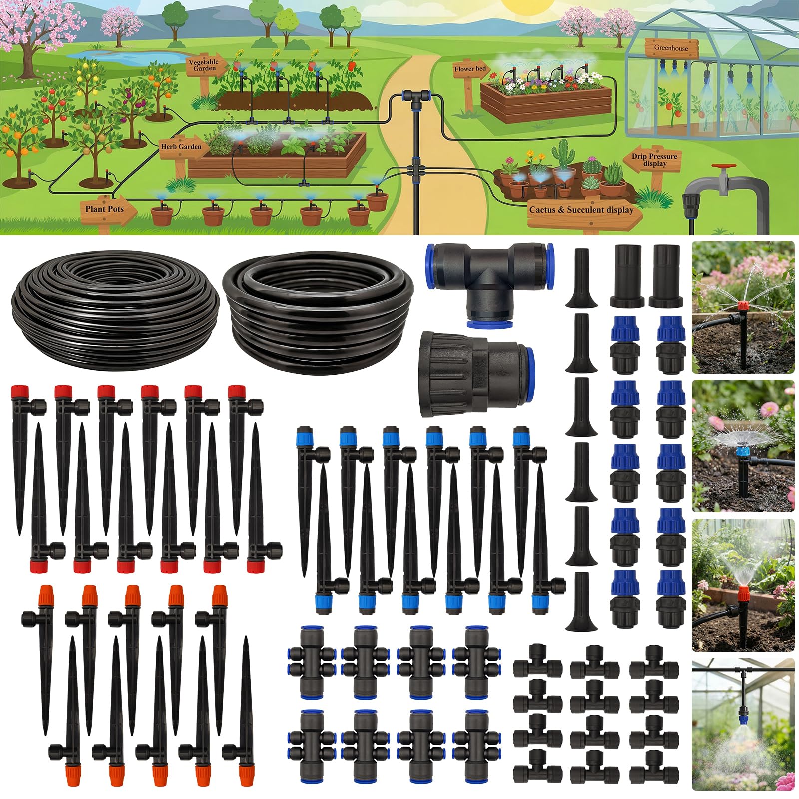 Abakuku front packaging showing full drip irrigation kit and components for quick setup