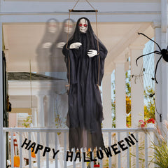 Abakuku full body hanging on a porch demonstrating life-size swing motion benefit: realistic movement to scare