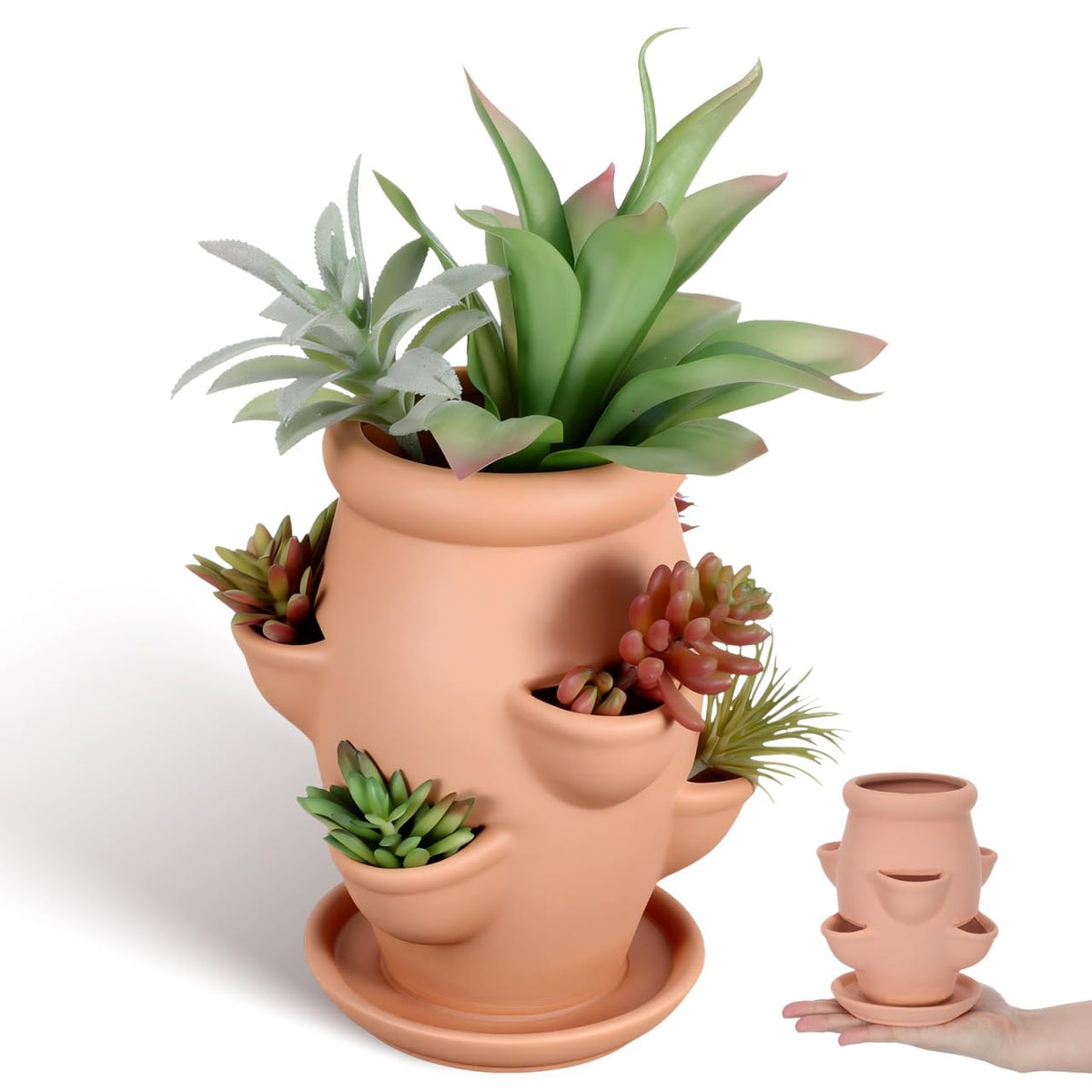 Abaodam front view of planter tower showing six planting pockets and compact benefit