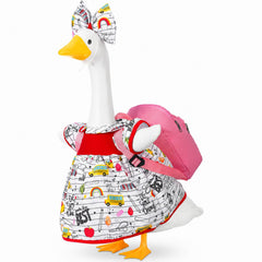Abbylike front view of dressed goose showing cheerful school outfit and welcome appeal