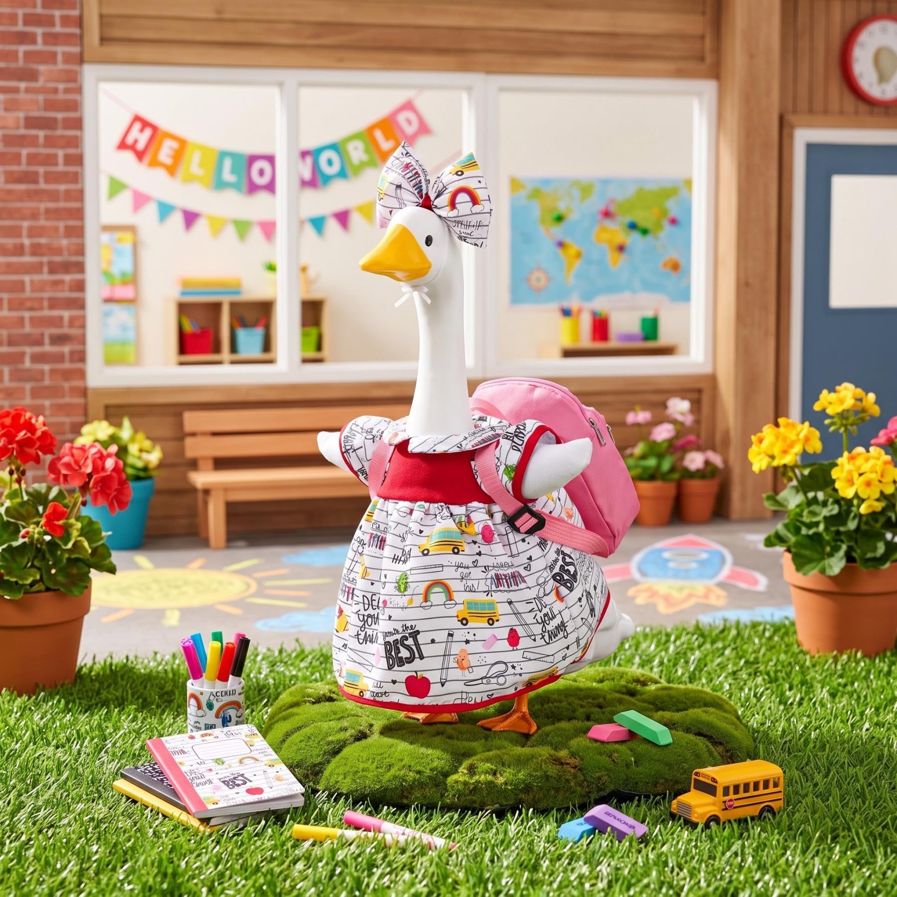 Abbylike side profile of dressed goose on porch adding whimsical curb appeal