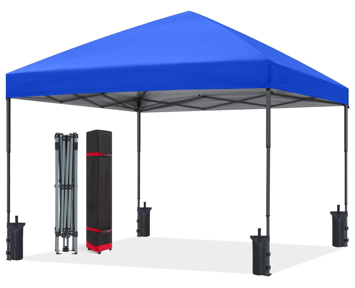 ABCCANOPY 10x10 front view showing full blue canopy shelter and coverage benefit
