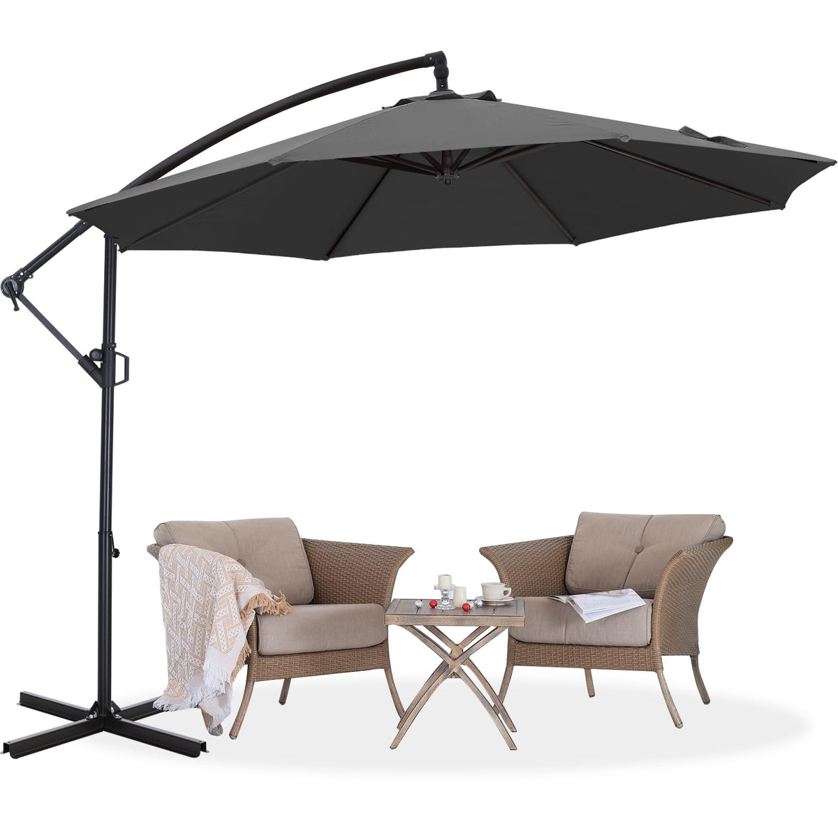 ABCCANOPY front view of dark gray cantilever umbrella showing broad shade