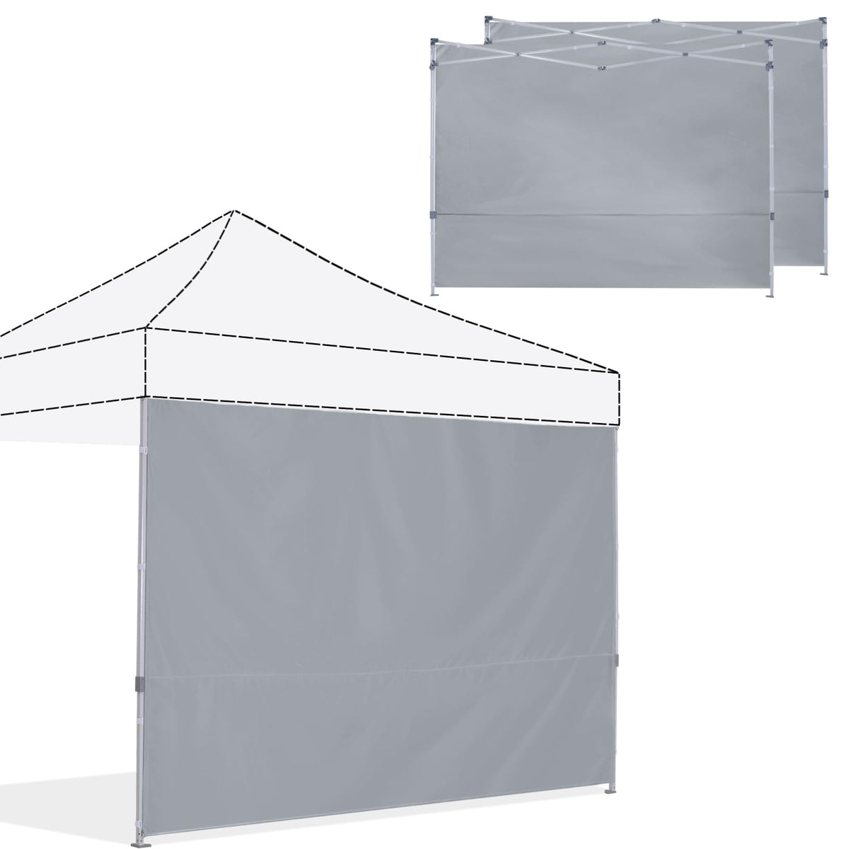 ABCCANOPY front view of three gray sidewalls installed, adds privacy and shade