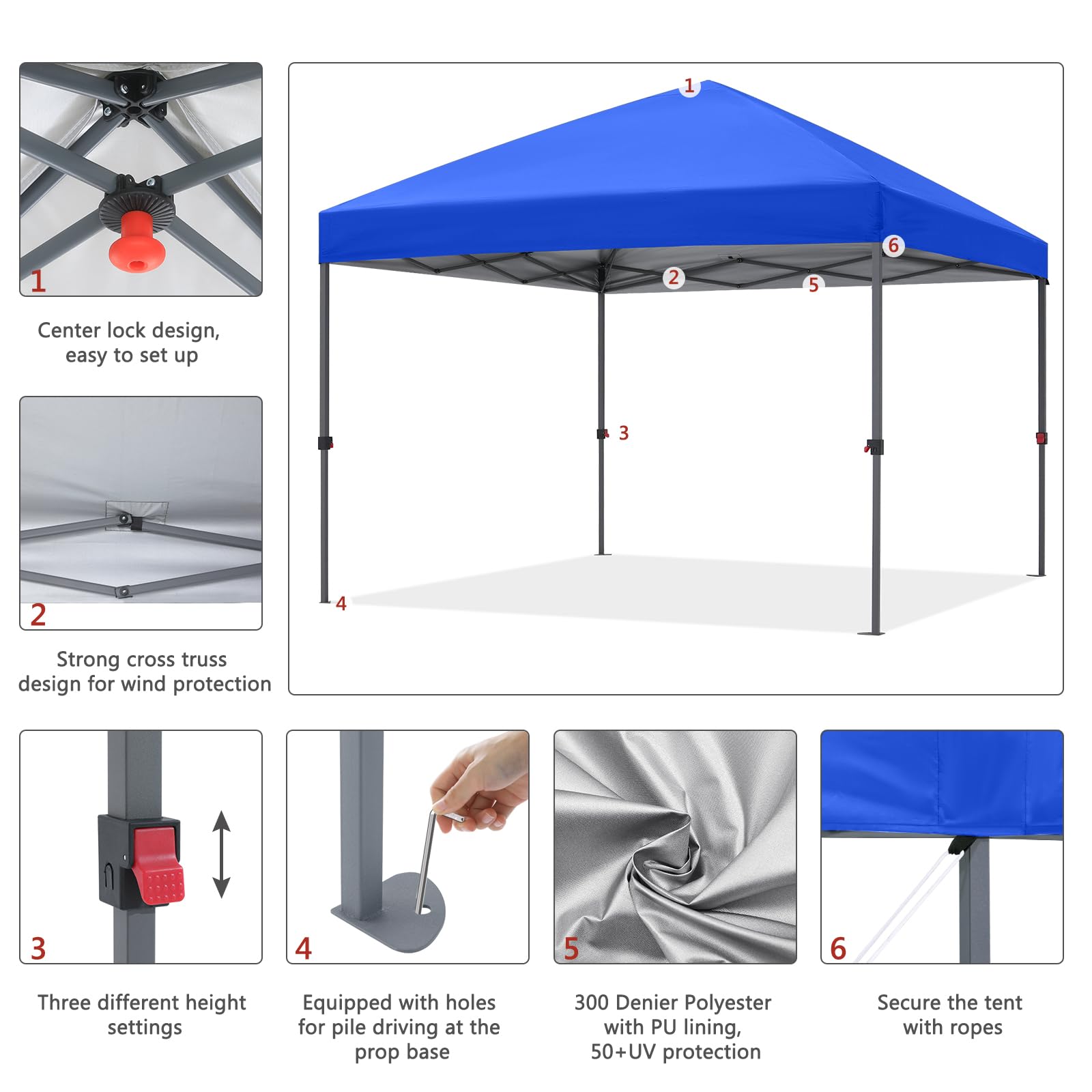 ABCCANOPY adjustable legs detail showing three-height customization benefit