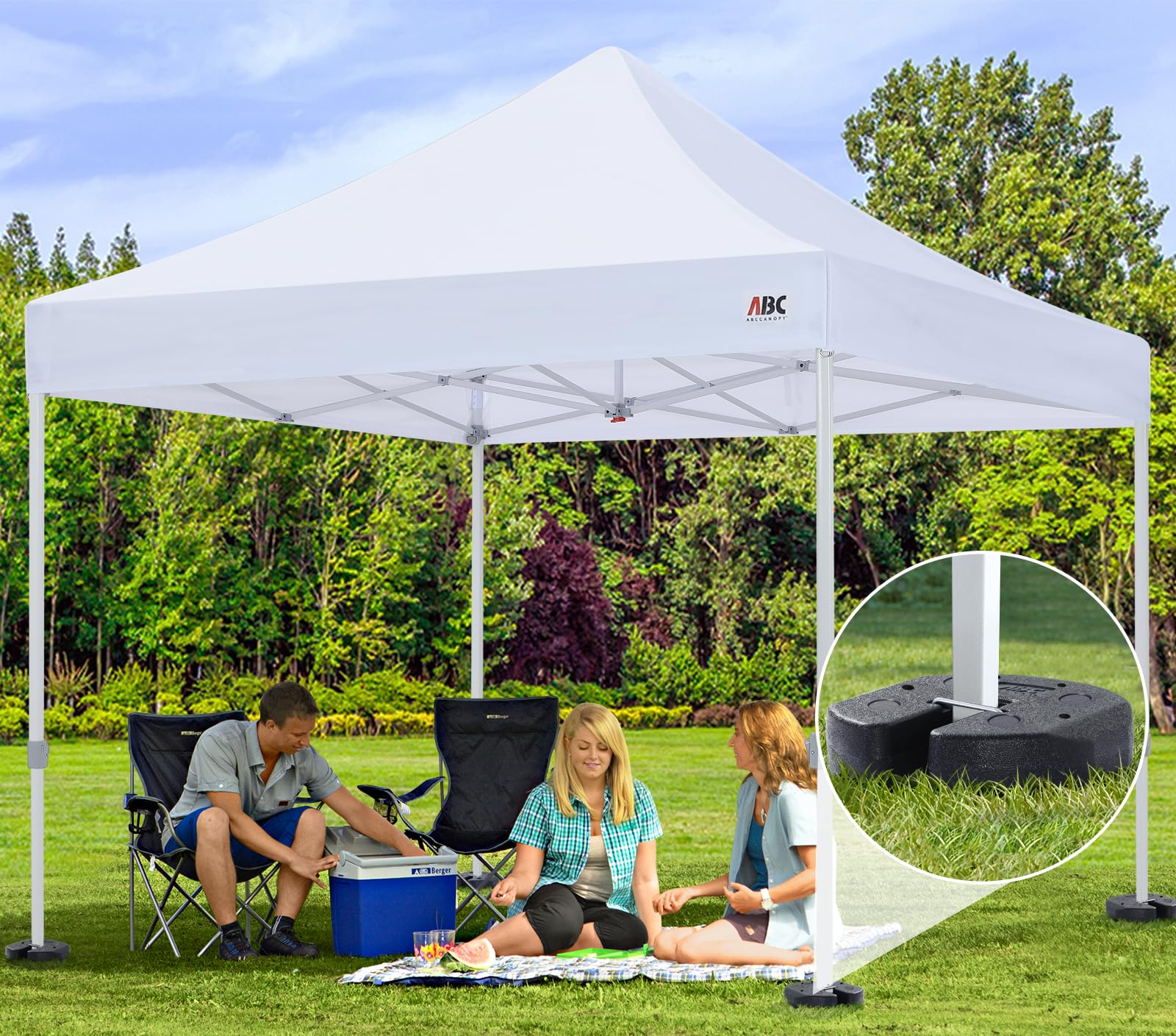 ABCCANOPY weights stabilizing a market booth illustrating reliable outdoor anchoring