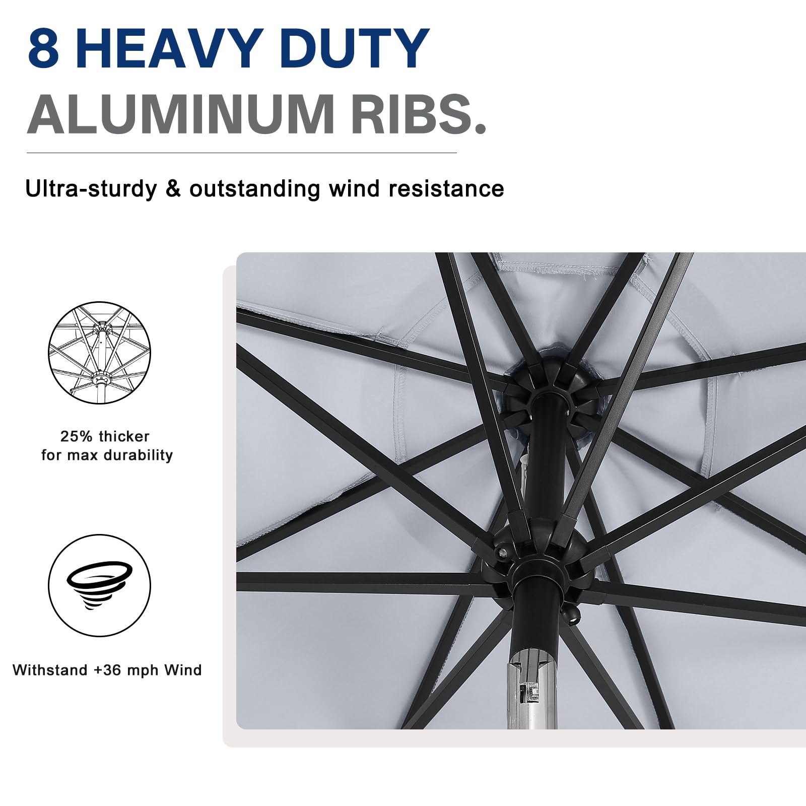 ABCCANOPY umbrella height shown next to chair clarifying 11ft scale and coverage