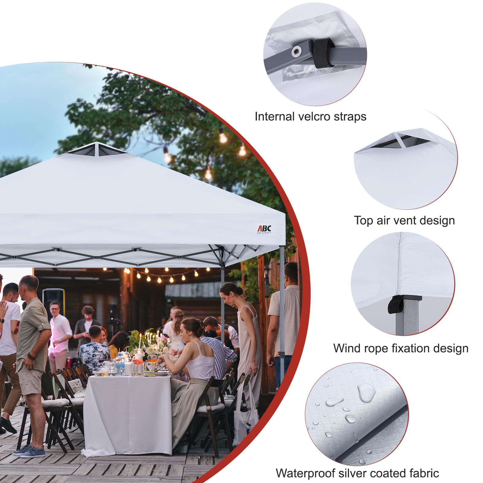 ABCCANOPY top beside measuring tape showing universal 10x10 fit for most frames
