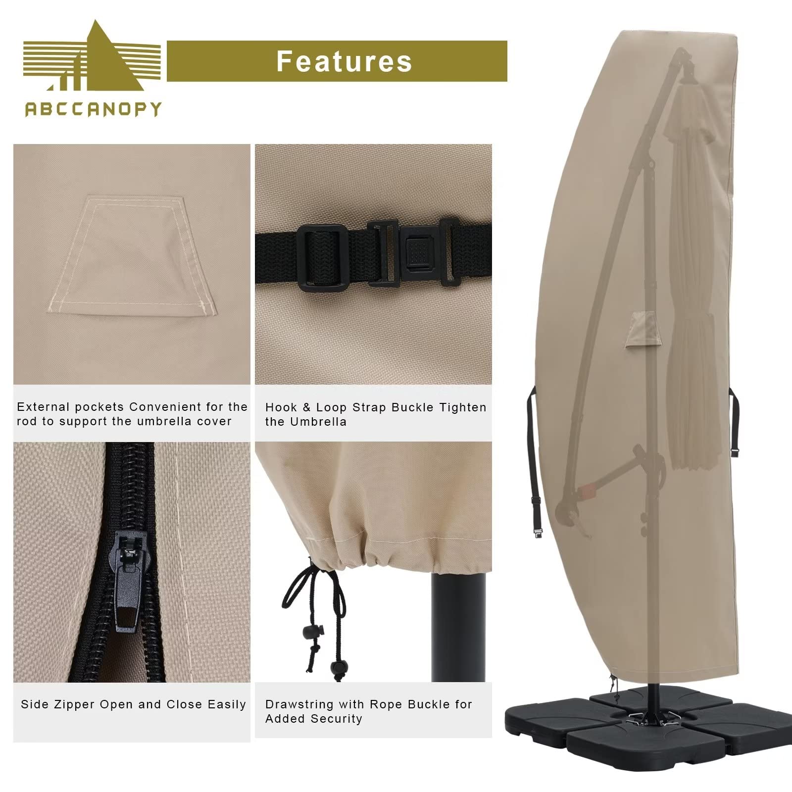 ABCCANOPY drawstring and buckle secured tightly to resist wind displacement