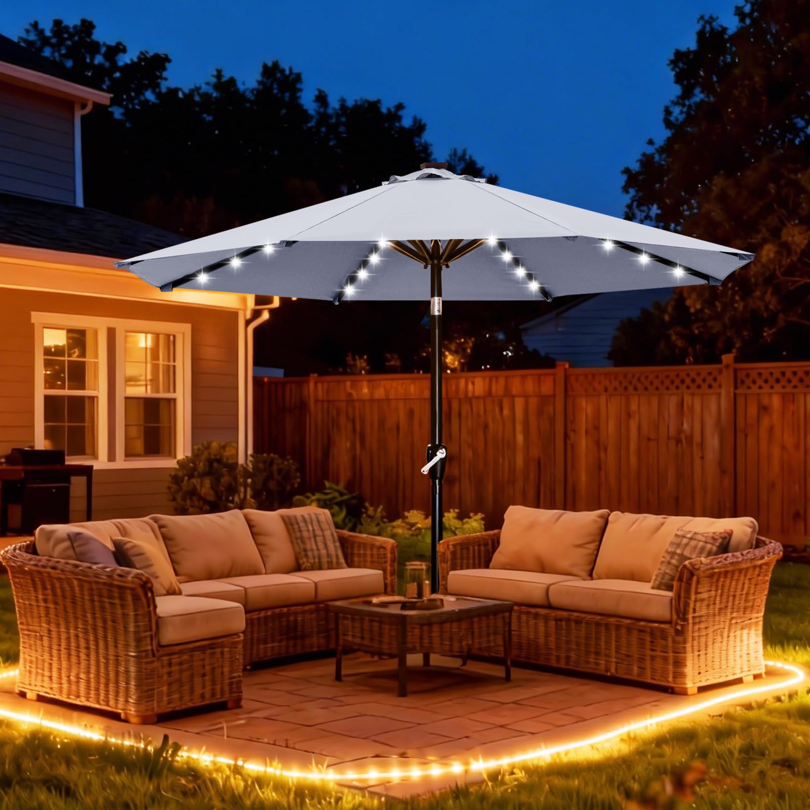 ABCCANOPY solar panel on umbrella top capturing sunlight to power LEDs