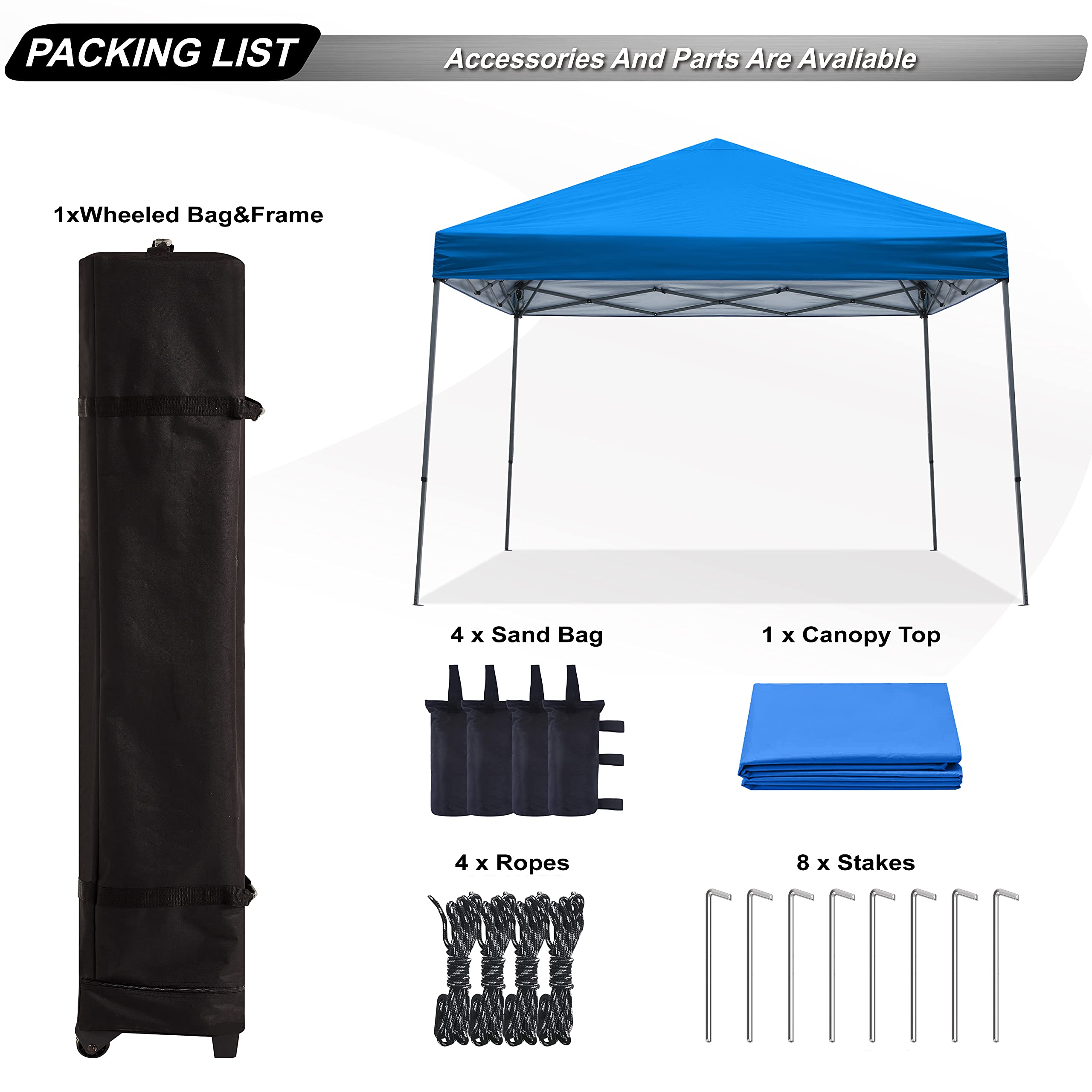 ABCCANOPY weight bags stakes and ropes displayed for secure anchoring in wind