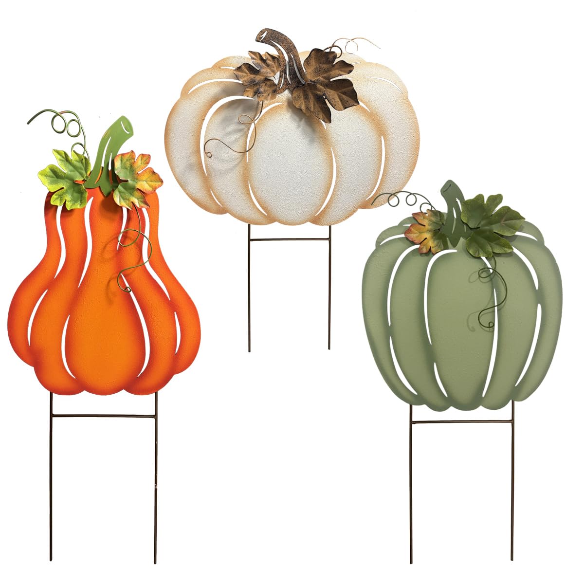 ABELOTS front view of three pumpkin stakes adding warm autumn curb appeal