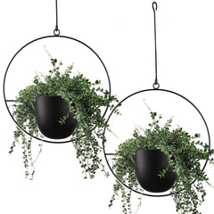 ABETREE front view of black metal hanging planters showing modern display benefit