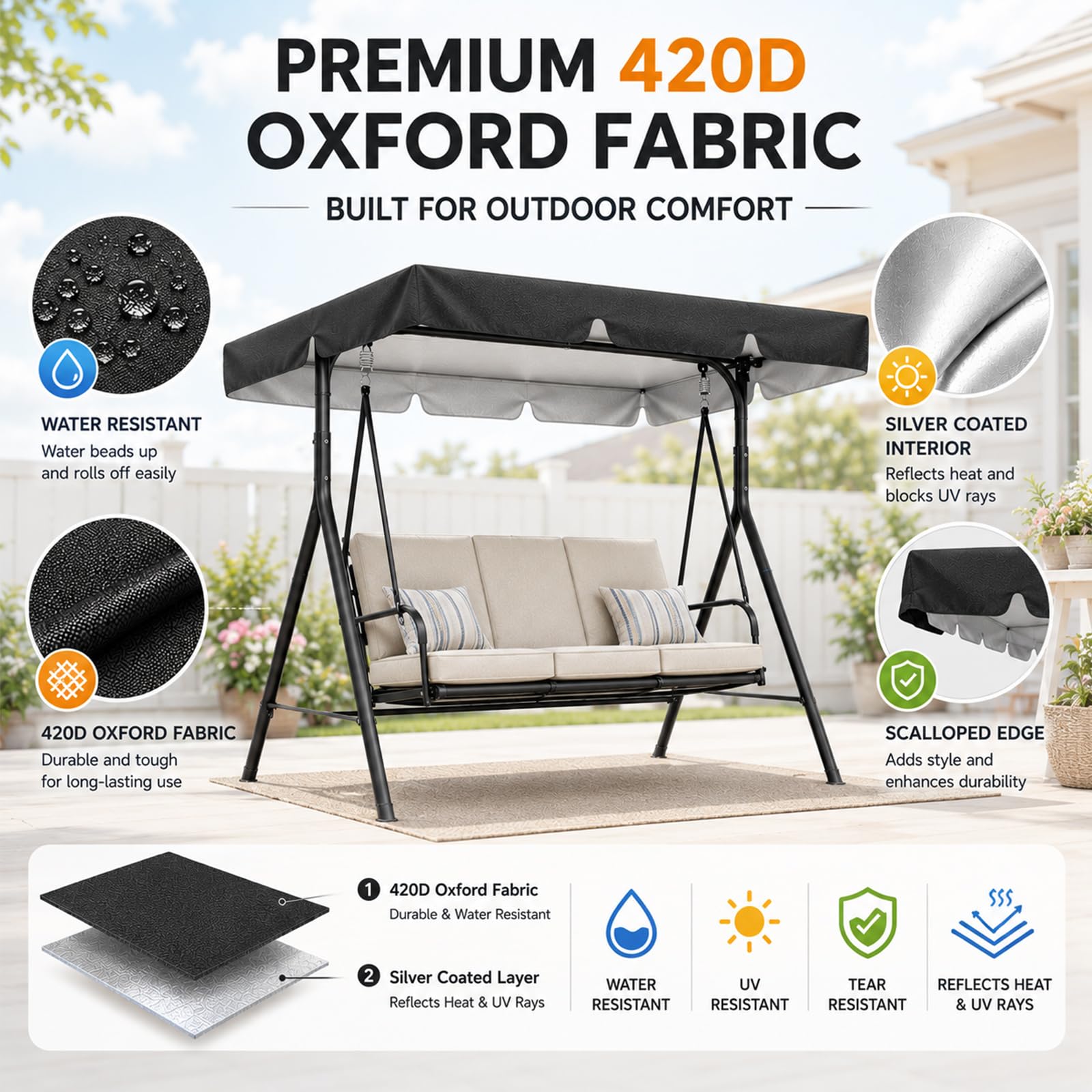 Abiphop canopy installed on a porch swing demonstrating sun and rain coverage
