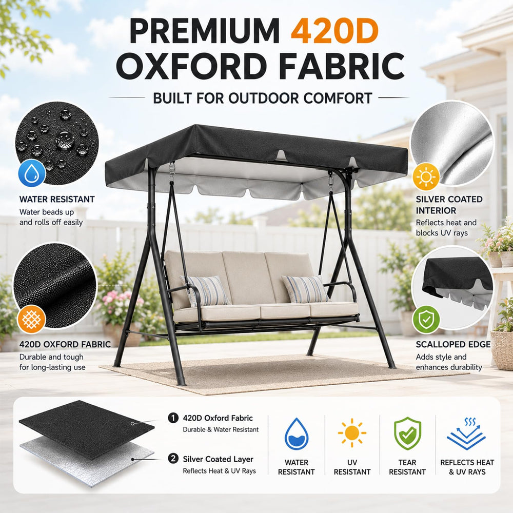 Abiphop canopy installed on a porch swing demonstrating sun and rain coverage