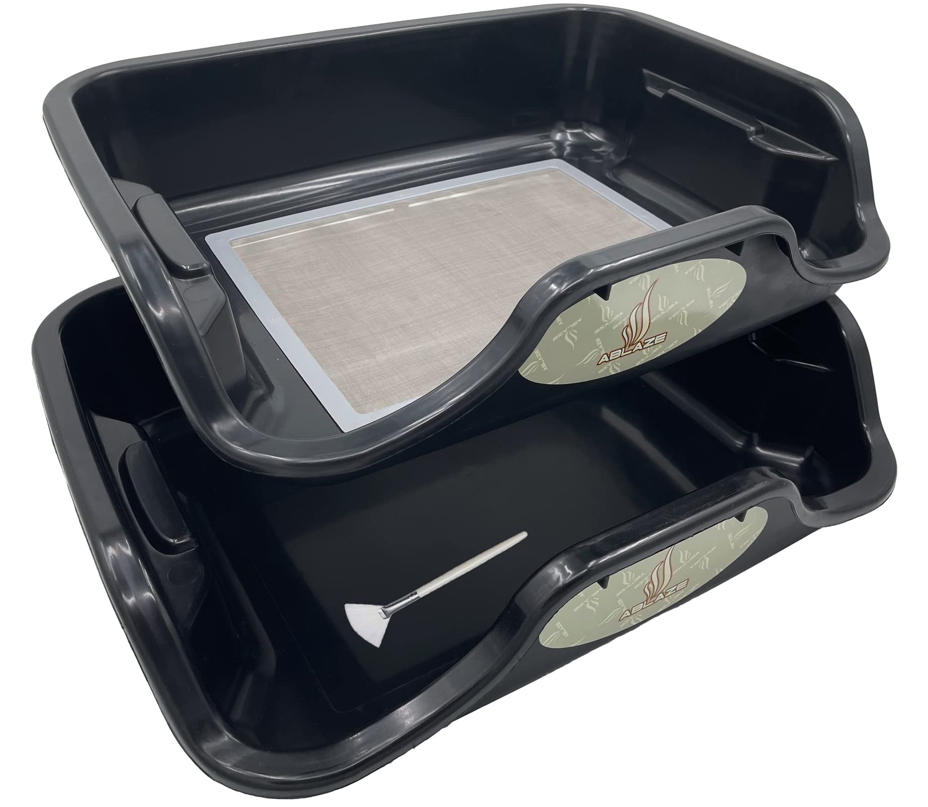 Ablaze tray front view showing ergonomic walls and replaceable screen benefit