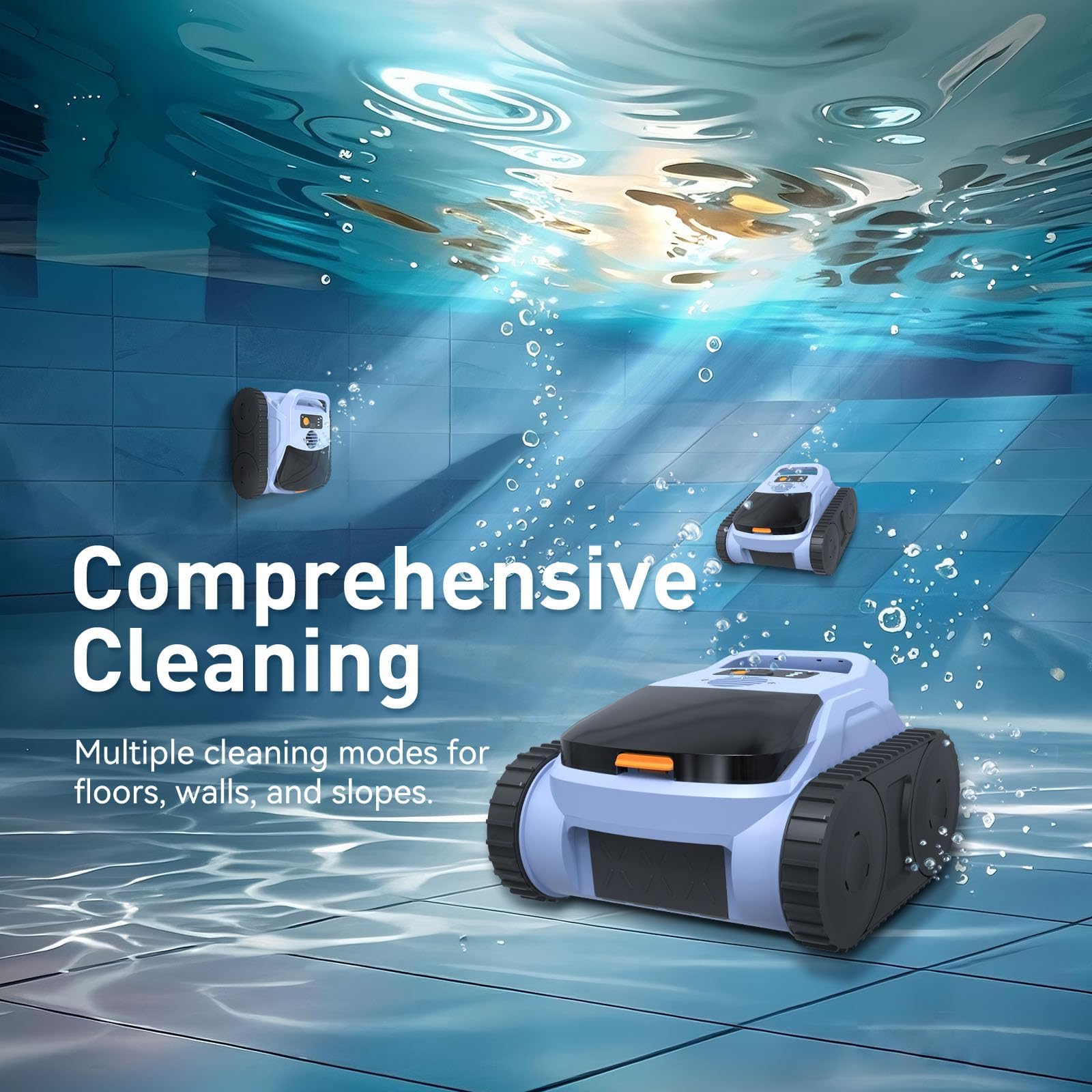 ABNEMEN robot parked at pool edge self-parking feature for safe retrieval after low battery