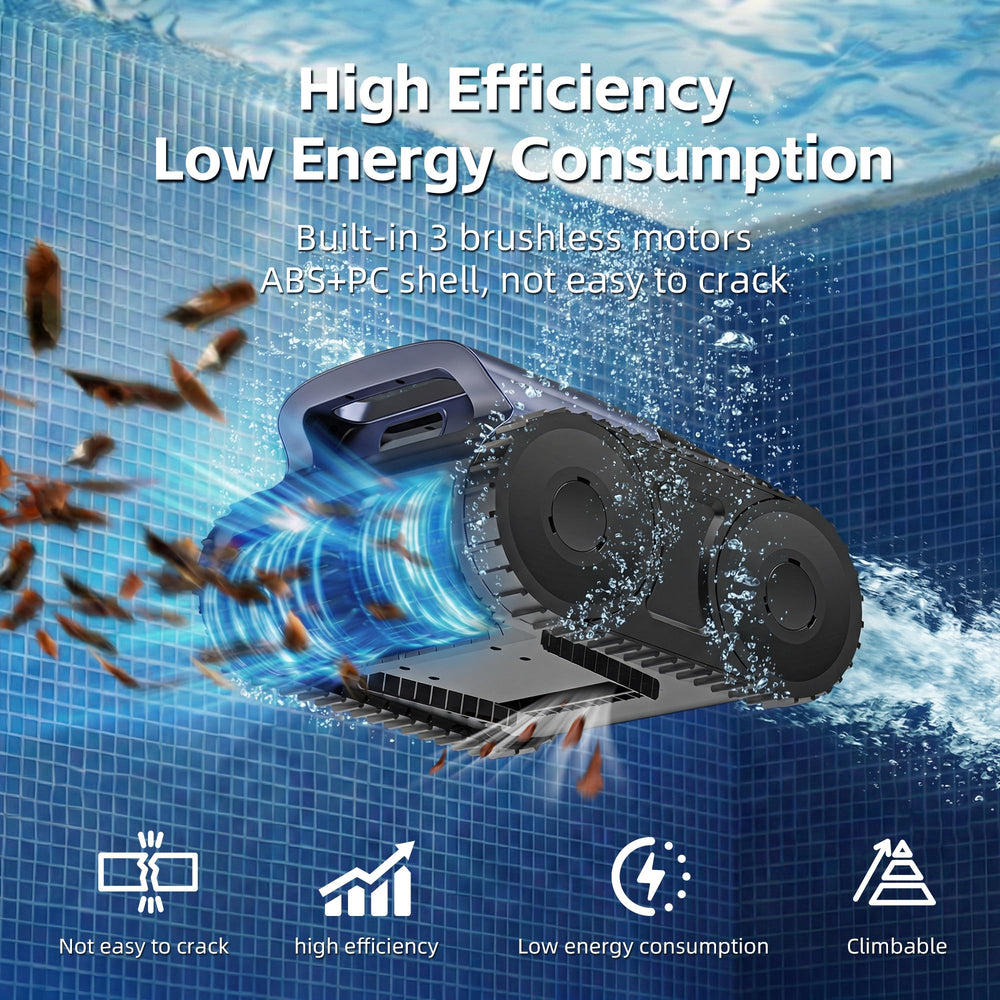 ABNEMEN self-parking at poolside showing automatic return when low battery