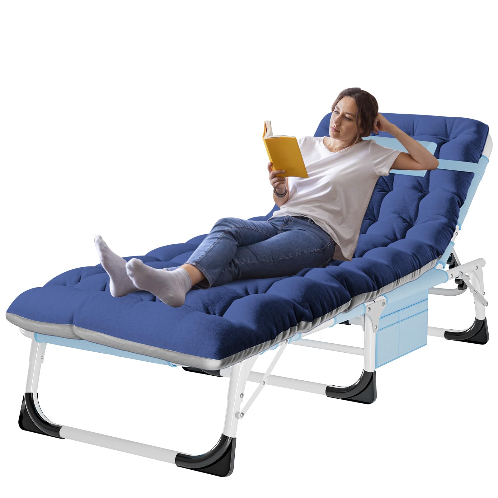 ABORON tanning chair front view showing five-position recline and pillow for comfortable lounging