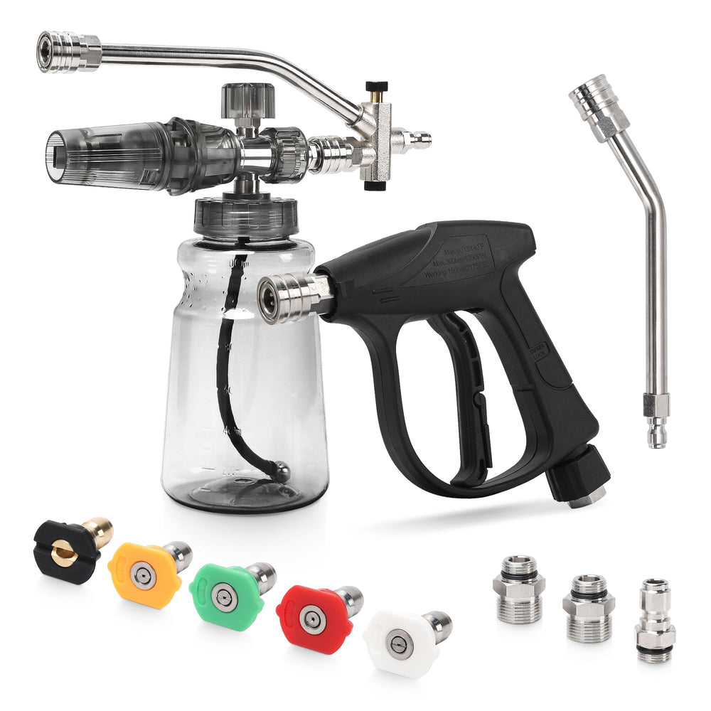 ABOSUN foam cannon front view showing robust gun and tank beneficial for control