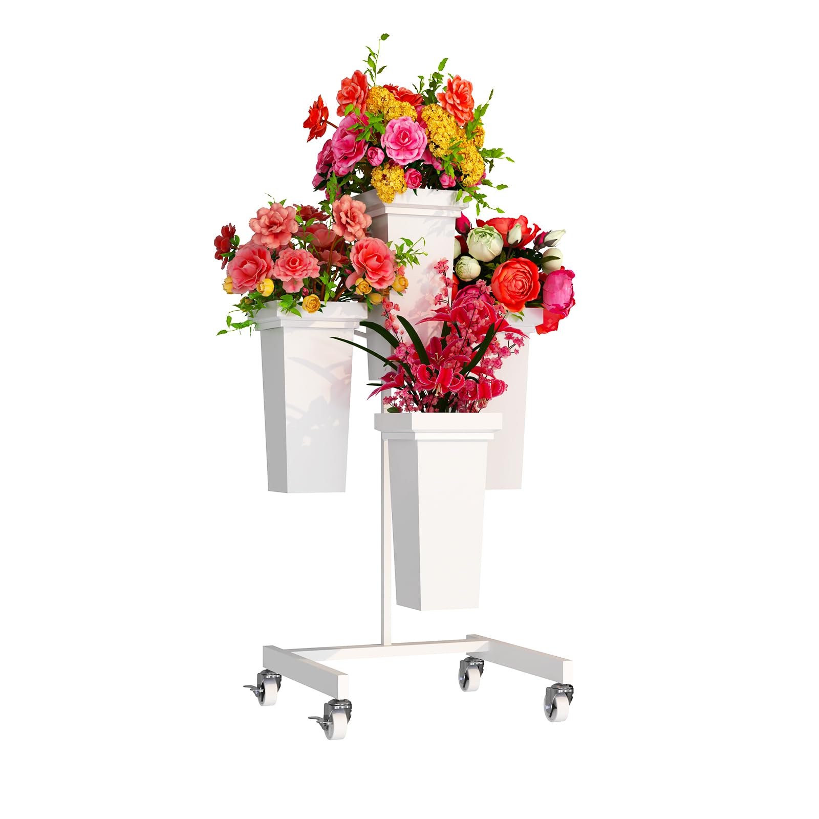 aboxoo front view of mobile flower stand showing four buckets and stable frame benefit