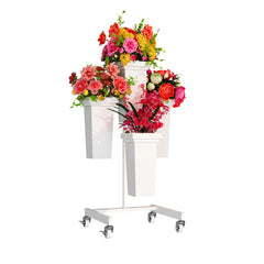 aboxoo front view of mobile flower stand showing four buckets and stable frame benefit